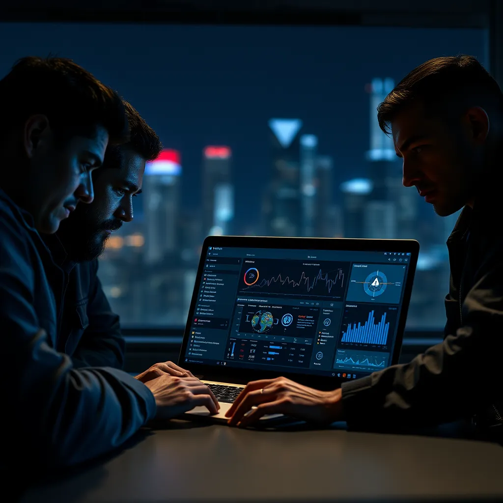 A dark and dramatic image, showcasing a team of cybersecurity professionals working in a high-tech environment. The focus should be on a laptop screen displaying a complex, animated network security dashboard with data visualizations and real-time threat monitoring. The team members are diverse and have a focused, determined expression. The background should be a blurred view of a modern city at night, conveying a sense of urgency and global threat. Use a  deep blue and black color palette. Dramatic side lighting creates strong shadows, highlighting the intricate details of the technology. Rendered in ultra-high quality, 8K resolution.  The image conveys a sense of vigilance and unwavering protection. 