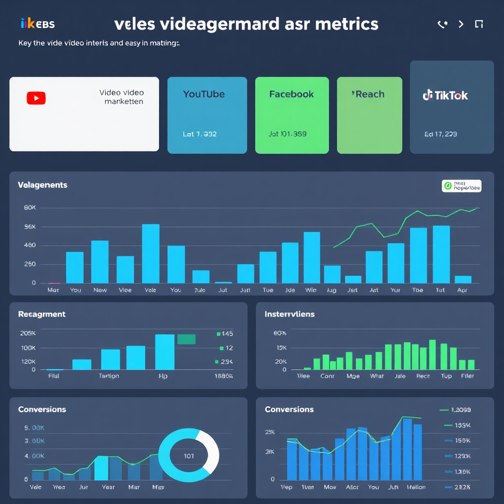 A dashboard displaying key video marketing metrics across multiple platforms, including YouTube, Facebook, Instagram, and TikTok. The dashboard is visually appealing and easy to understand. The metrics include views, engagement, reach, and conversions. The color palette is professional and informative, using shades of blue, green, and gray. The style is clean and modern, resembling a business intelligence dashboard. The resolution is 8K.