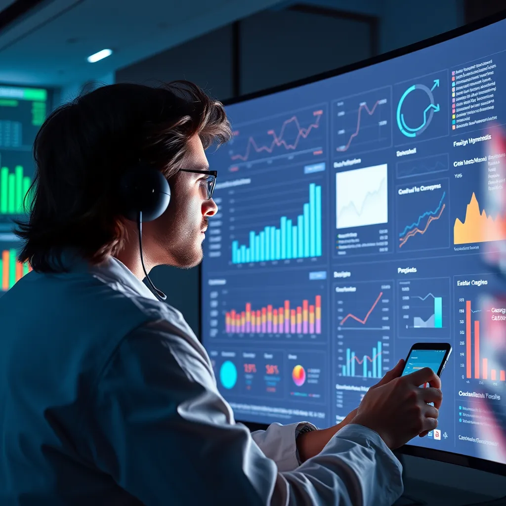 A data scientist working on a large screen, analyzing email campaign data visualizations and graphs. The screen shows key metrics like open rates, click-through rates, conversions, and customer behavior. They are optimizing email campaigns based on these insights for better performance.