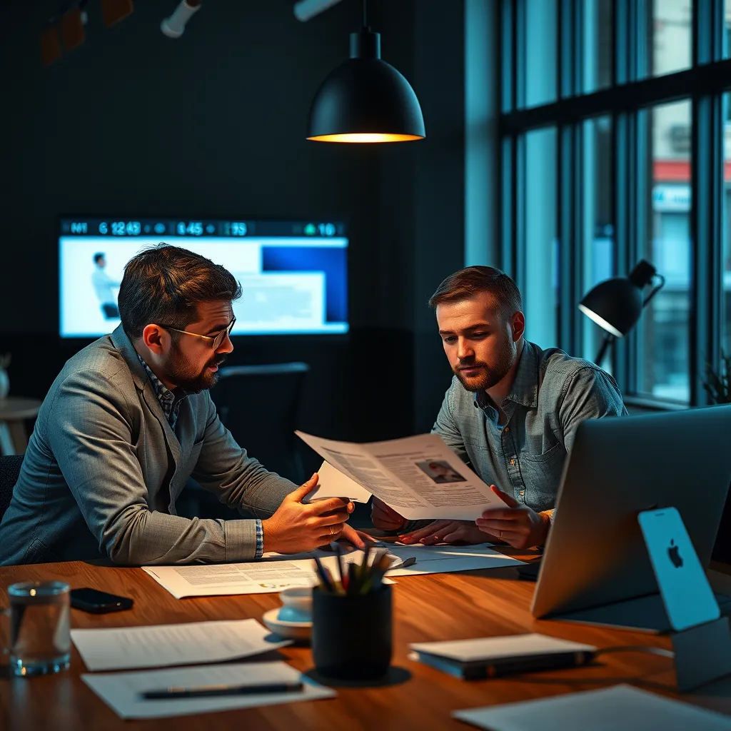 A designer and a client meeting around a table, discussing a website mockup and brainstorming ideas for the content. The image should capture the collaborative process of tailoring copywriting to specific brand requirements and achieving shared goals.