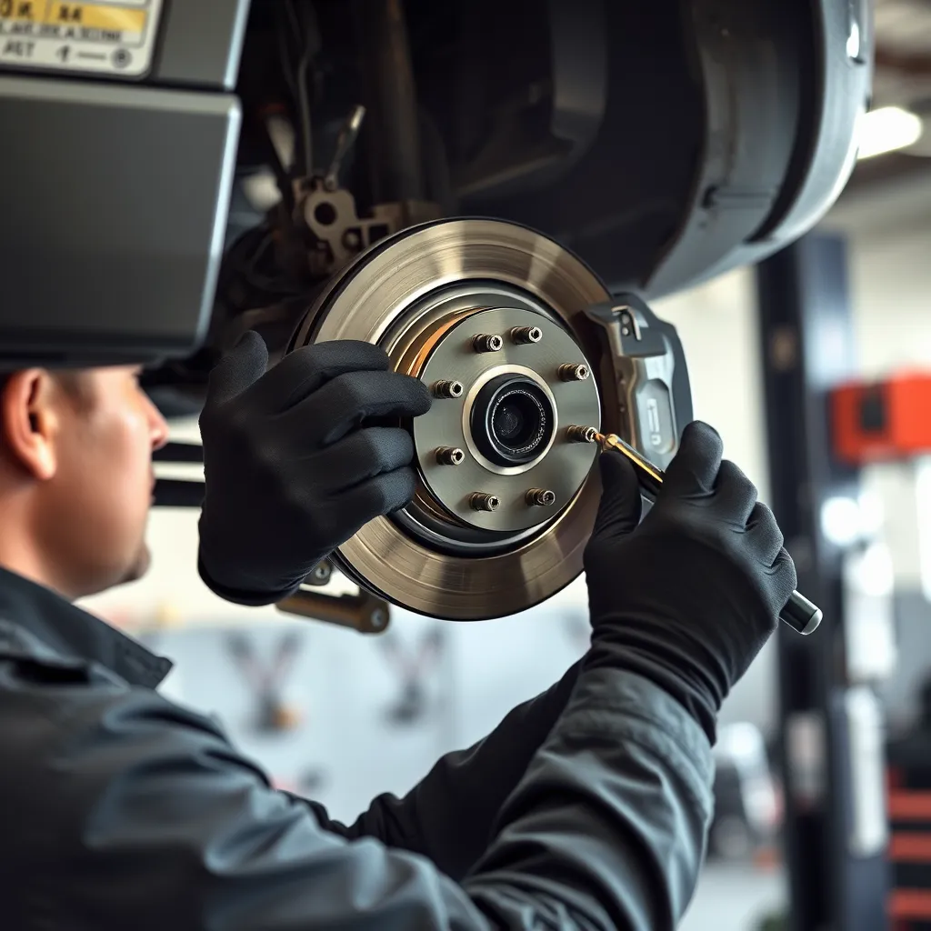 A detailed and reassuring image of a brake repair being conducted at AutoCare & Tires. The image should feature a mechanic, wearing work gloves and a uniform, carefully inspecting a car's brake system. The mechanic should be using specialized tools, and the car should be lifted on a hoist in a clean and well-lit garage. The scene should emphasize the importance of brake safety and the meticulous care taken by the mechanic during the repair process. Use sharp, detailed textures for the brake components, tools, and mechanic's hands. The image should be composed with a soft, natural lighting that creates a calming and reassuring atmosphere. Render in 8K resolution with hyperrealistic detail, conveying the professional expertise and trustworthiness of AutoCare & Tires.