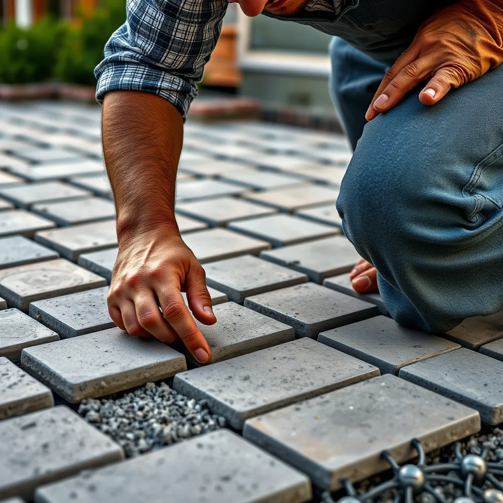 A detailed close-up image of a skilled craftsman meticulously laying concrete pavers for a patio. The image should highlight the precision and artistry involved in the construction process, showcasing the high quality of the materials and the craftsmanship.