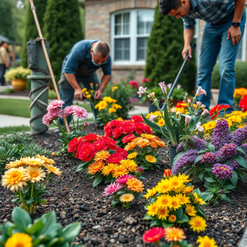 A detailed image of a team of landscaping professionals working on a residential property, planting a variety of colorful flowers and shrubs in a meticulously prepared flowerbed. The image should showcase the diversity of plants, the quality of the soil, and the careful placement of the plants.