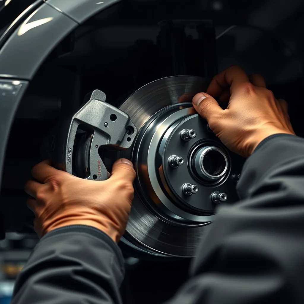 A detailed shot of a new brake system being installed on a car, with strong overhead lighting highlighting the precision and care involved in the process.  The mechanic should be shown carefully assembling and securing the components, with focus on the intricate details of the brake pads, rotors, and calipers.  The image should have a clean and professional look, with a focus on the quality of the parts and the meticulousness of the installation. Render in 8K resolution with realistic textures and materials, showcasing the superior quality of the new brake system.