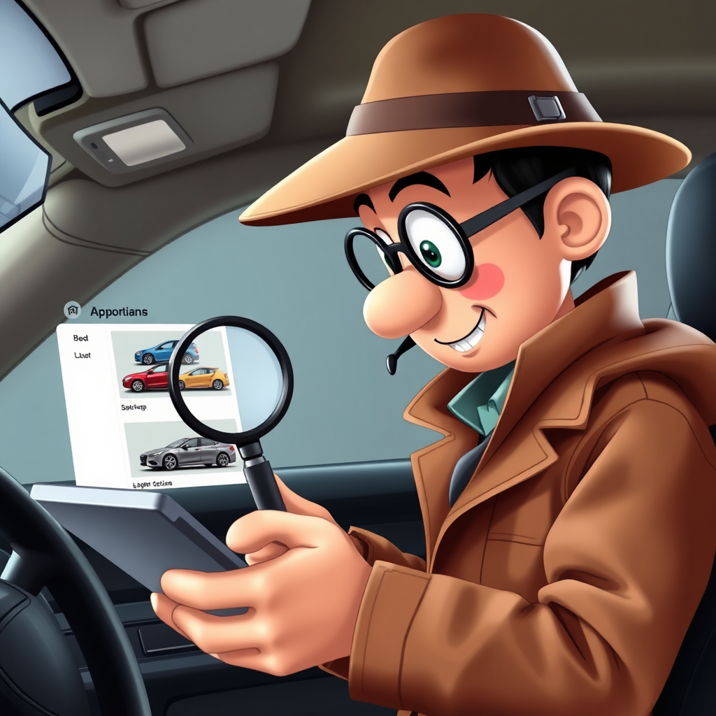 A detective character with a magnifying glass looking at car options on a tablet. A humorous and helpful scene.