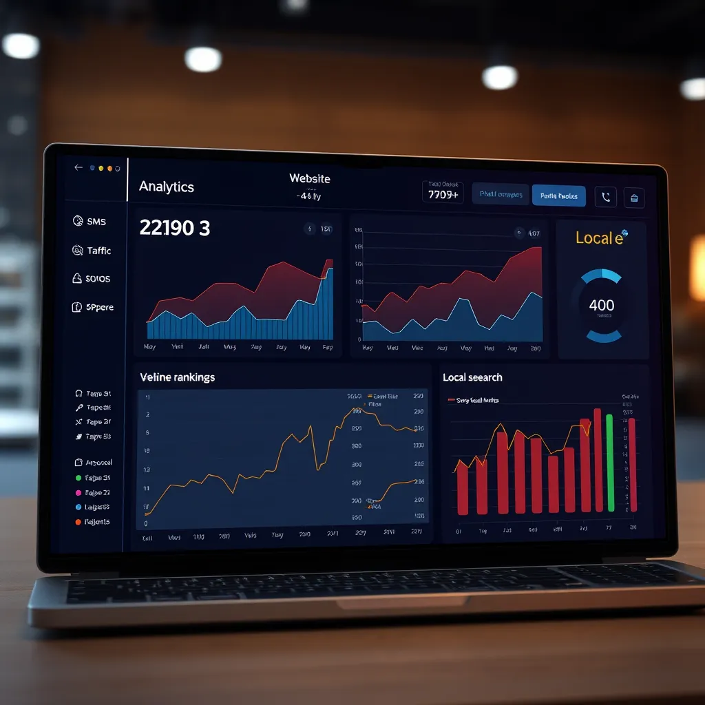 A digital dashboard showcasing a website analytics report, highlighting website traffic, social media engagement, and local search rankings, demonstrating a successful online presence strategy.
