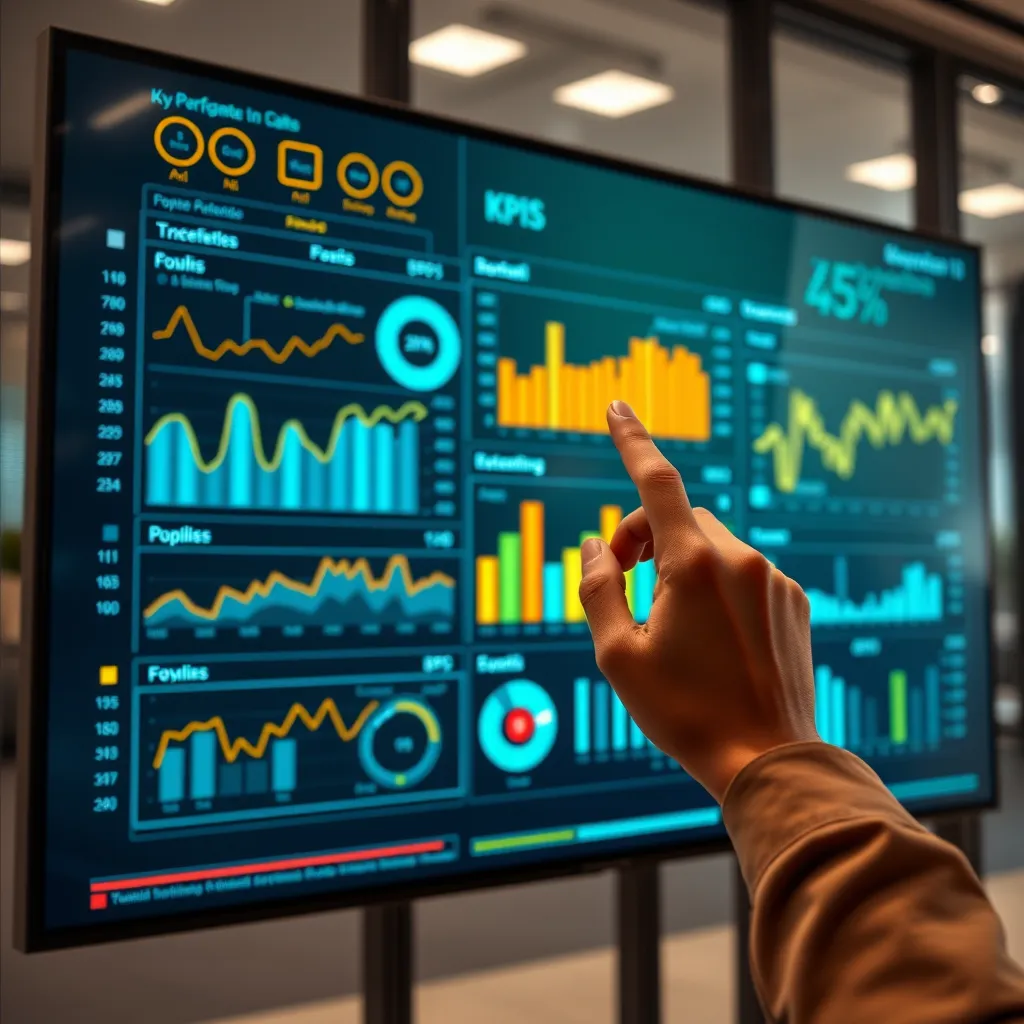 A digital dashboard with various charts and graphs visualizing data and key performance indicators (KPIs) on a large screen in a modern office setting. A hand points to a specific data point on the screen, highlighting key insights. The image should focus on the power of data visualization and analysis.