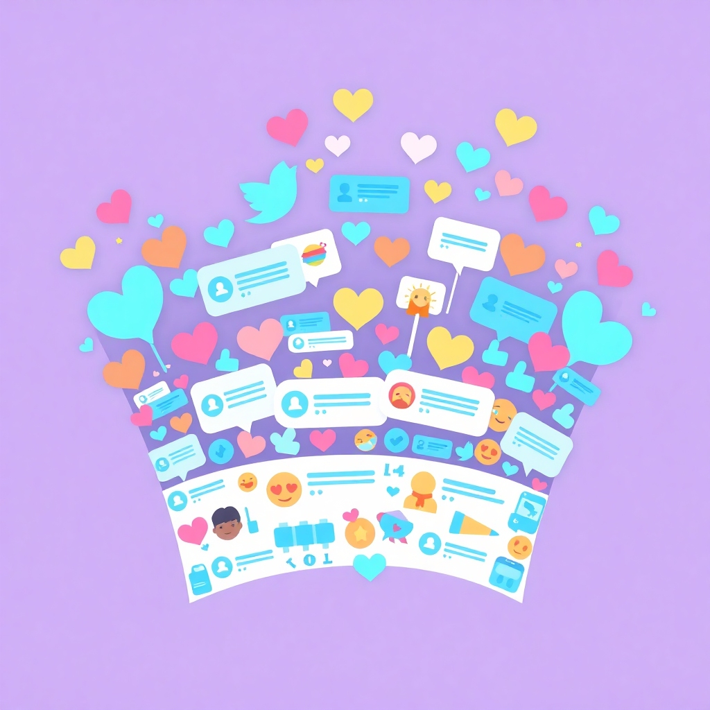 A digital illustration depicting a social media feed filled with comments, likes, and shares forming the shape of a crown. Bright, inviting colors, with a focus on positive interactions. The overall impression should be one of a thriving community.