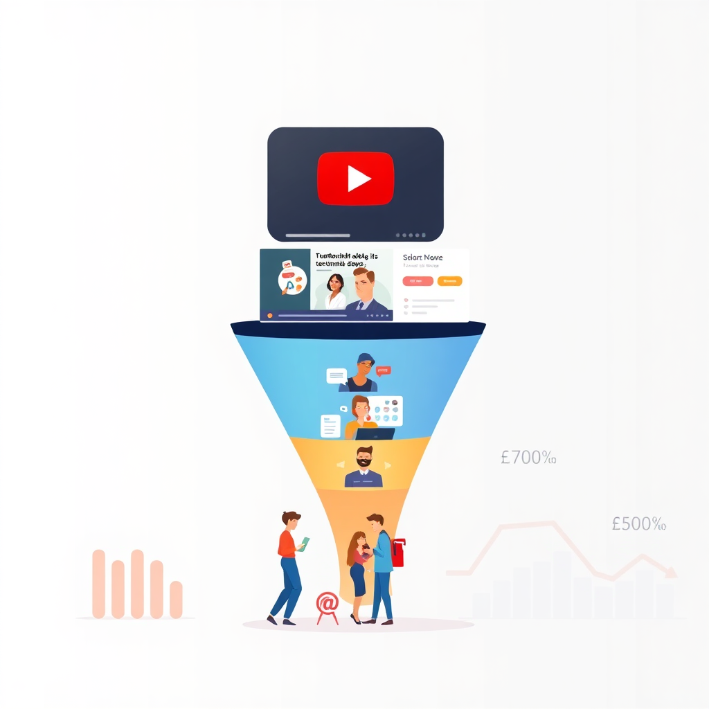 A digital illustration depicting a stylized YouTube video player as the entrance to a funnel. As viewers progress through the funnel, they are shown engaging with different content types (tutorials, product demos, testimonials). At the bottom of the funnel, customers are shown making a purchase. The color palette transitions from bright and attention-grabbing at the top to warm and reassuring at the bottom. The background is a clean and modern design, with data visualizations representing conversion rates and sales figures.