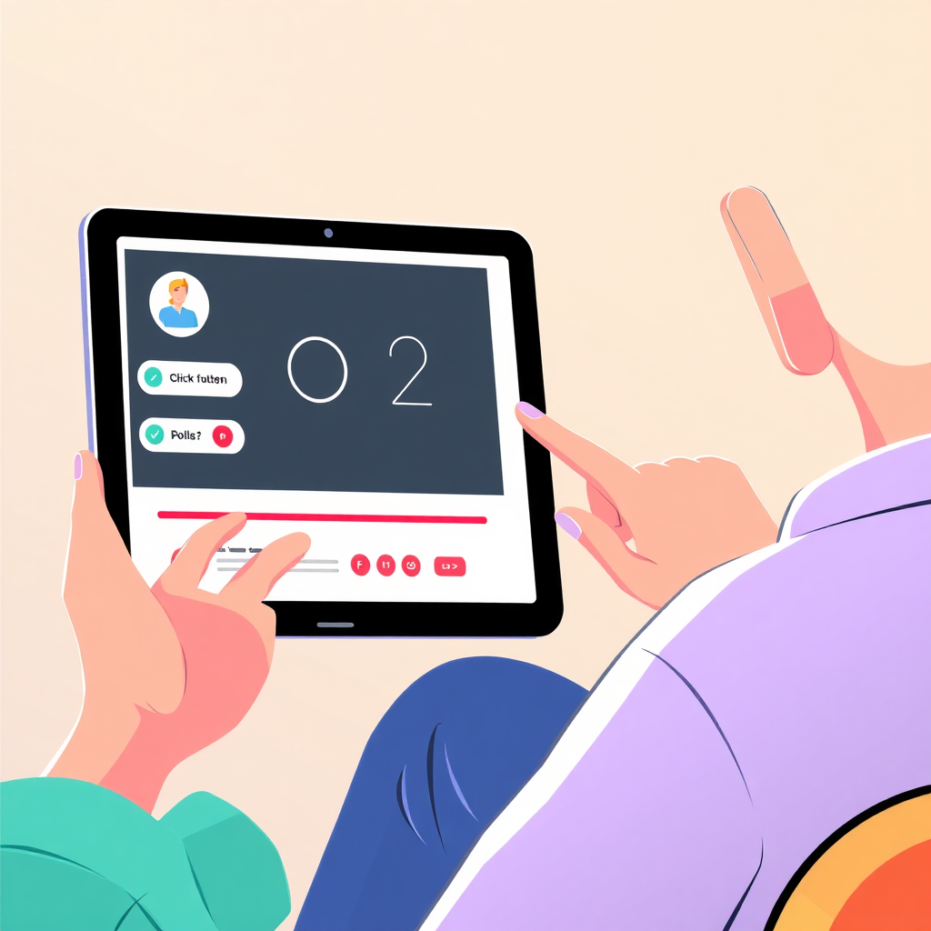 A digital illustration showcasing a user interacting with an interactive video on a tablet. The video features clickable buttons, quizzes, and polls that allow the user to actively participate in the experience. The background is a clean and modern design, with a focus on user interface design and interactivity. The color palette is vibrant and engaging, using bright colors to attract attention and encourage participation.