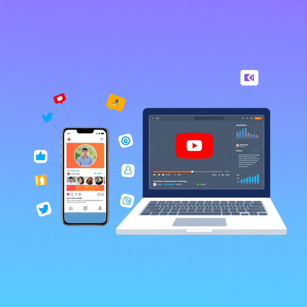 A digital illustration showcasing a stylized smartphone and laptop screen side-by-side. The smartphone displays an engaging Instagram Reel, while the laptop screen shows a perfectly optimized YouTube video. Both screens are surrounded by icons representing social media engagement (likes, shares, comments), and data analytics dashboards. The background is a gradient of blue and purple, representing the digital world. The color palette is modern and vibrant, with a focus on user interface design and data visualization. The image should convey a sense of seamless integration and optimized performance across platforms.