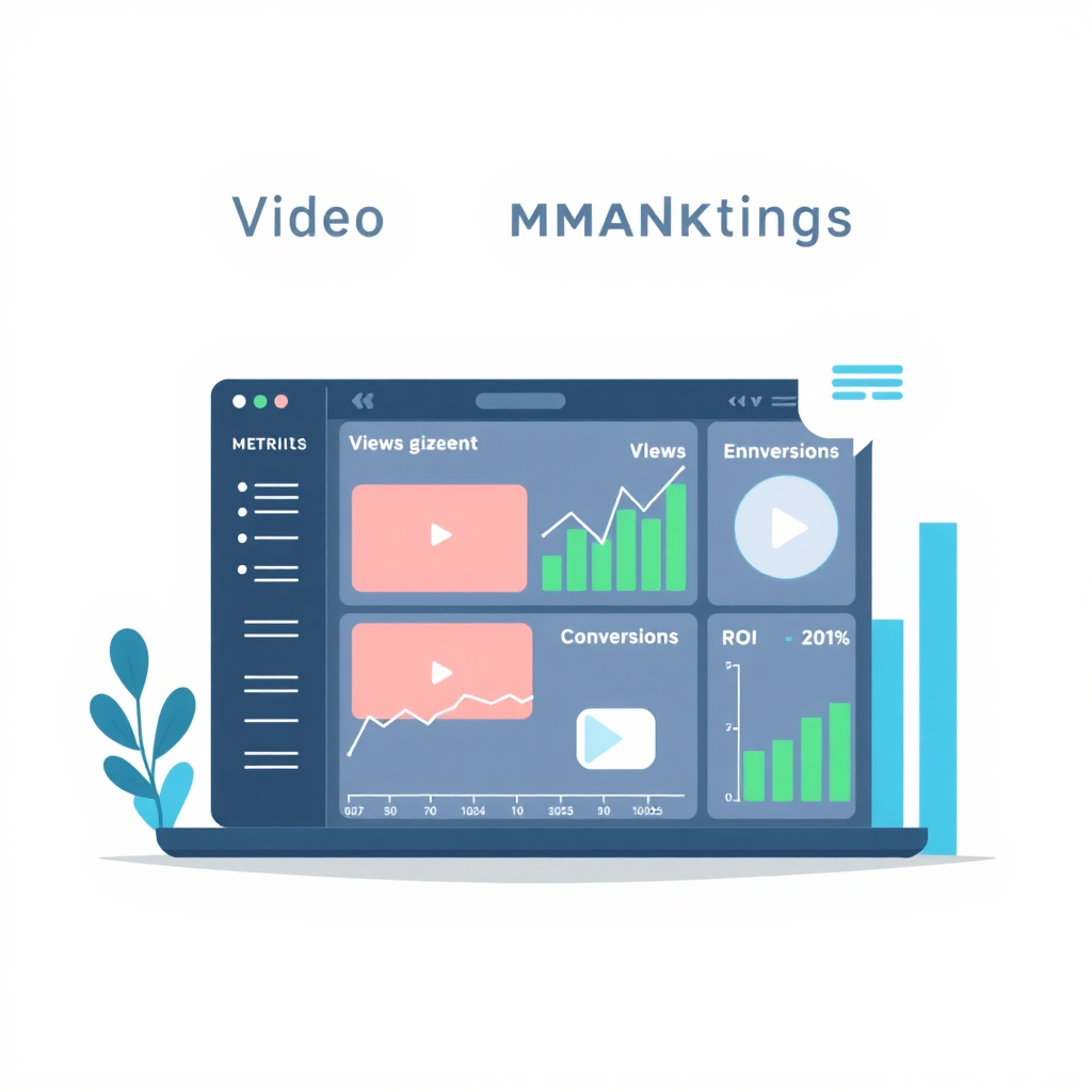 A digital illustration showcasing a data analytics dashboard displaying key video marketing metrics. The dashboard features charts and graphs representing views, engagement, conversions, and ROI. The background is a clean and professional design, with a focus on data visualization and insights. The color palette is modern and sophisticated, using shades of blue, green, and gray to represent data accuracy and strategic decision-making.
