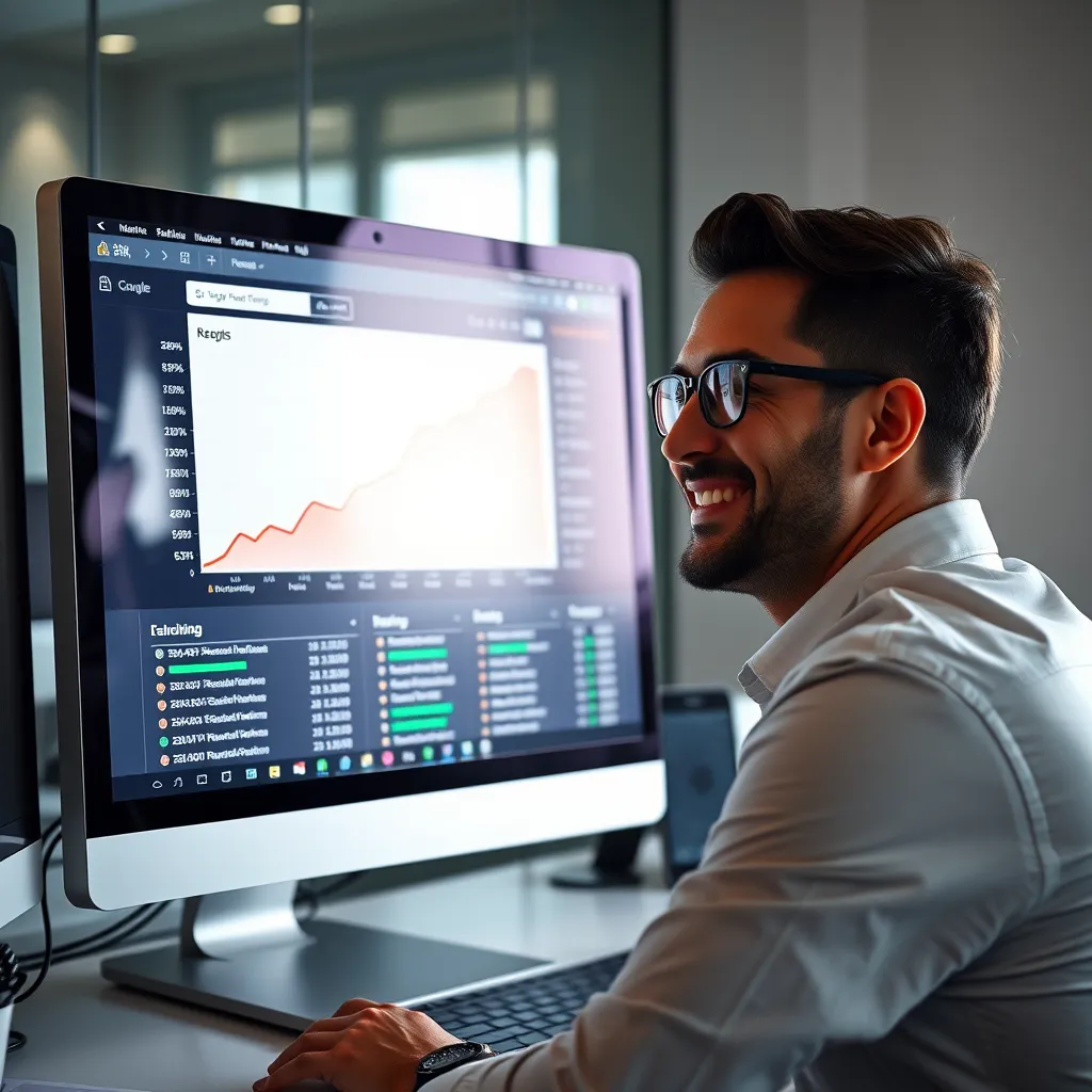 A digital marketer analyzing data on a computer screen, showing a graph with a sharp upward trend. The screen displays keywords, search volume, and website rankings. The marketer is smiling, reflecting the success of SEO strategies.