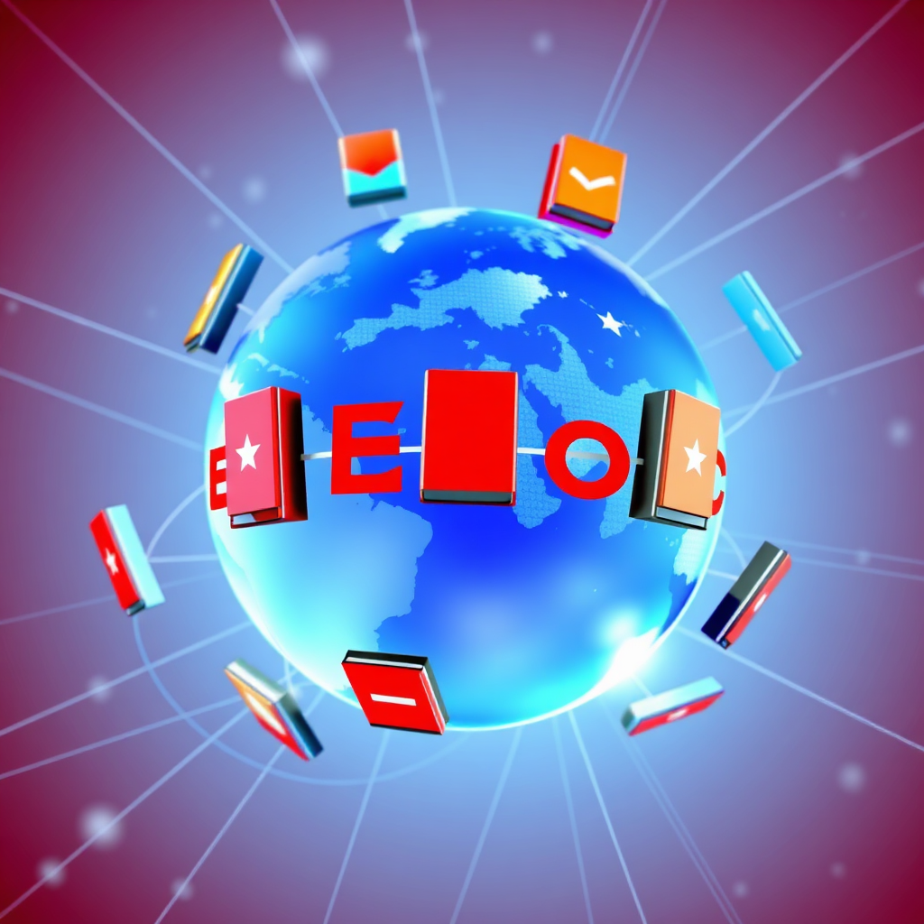 A digital rendering of a globe with e-book icons orbiting around it. Each icon represents a different e-book being sold in various countries. The globe is brightly lit and surrounded by a network of interconnected lines, symbolizing the global reach of digital publishing. The color palette is vibrant and diverse, reflecting the multicultural nature of the online marketplace.