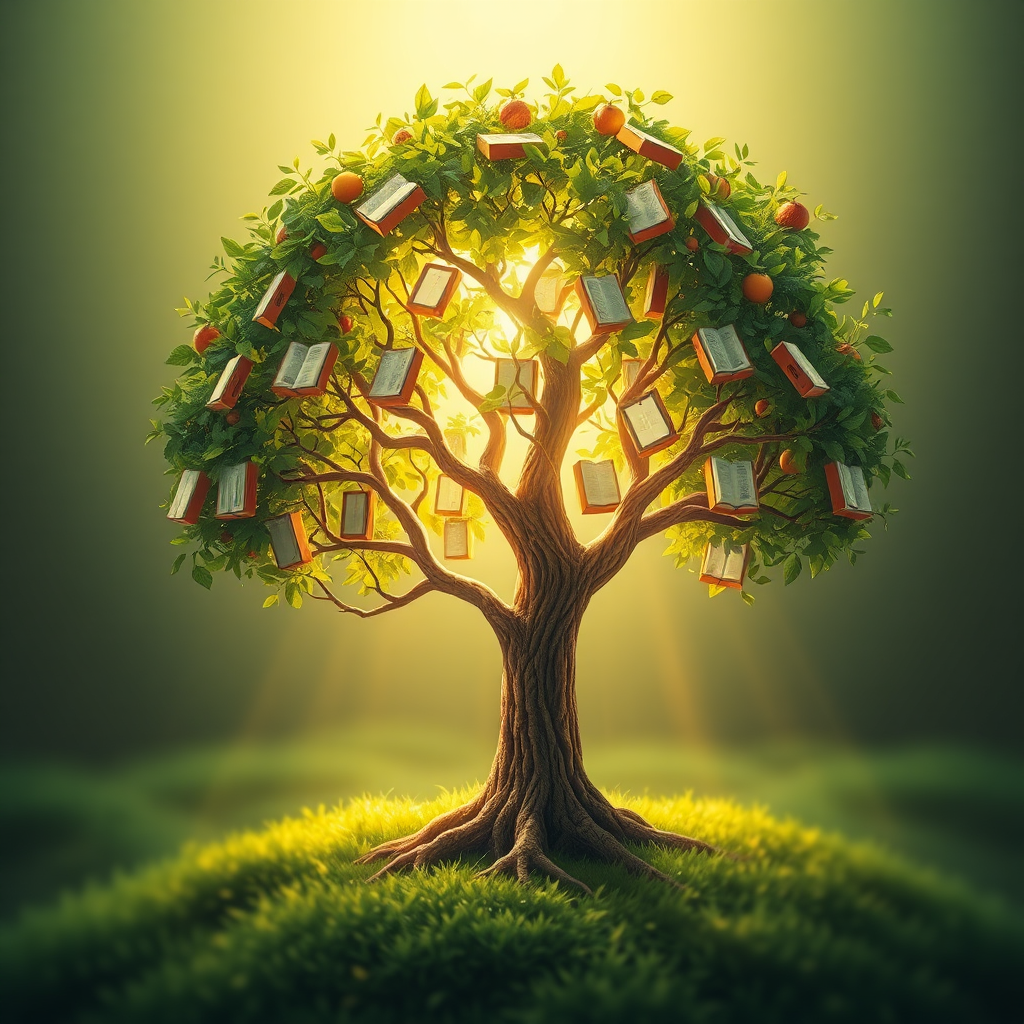 A digital rendering of a tree with branches laden with e-books instead of fruit. The tree is rooted in a digital landscape, representing the online world. Sunlight filters through the leaves, casting a warm, inviting glow. The color palette is predominantly green and gold, symbolizing growth and wealth. The style is slightly fantastical, evoking a sense of wonder and abundance.