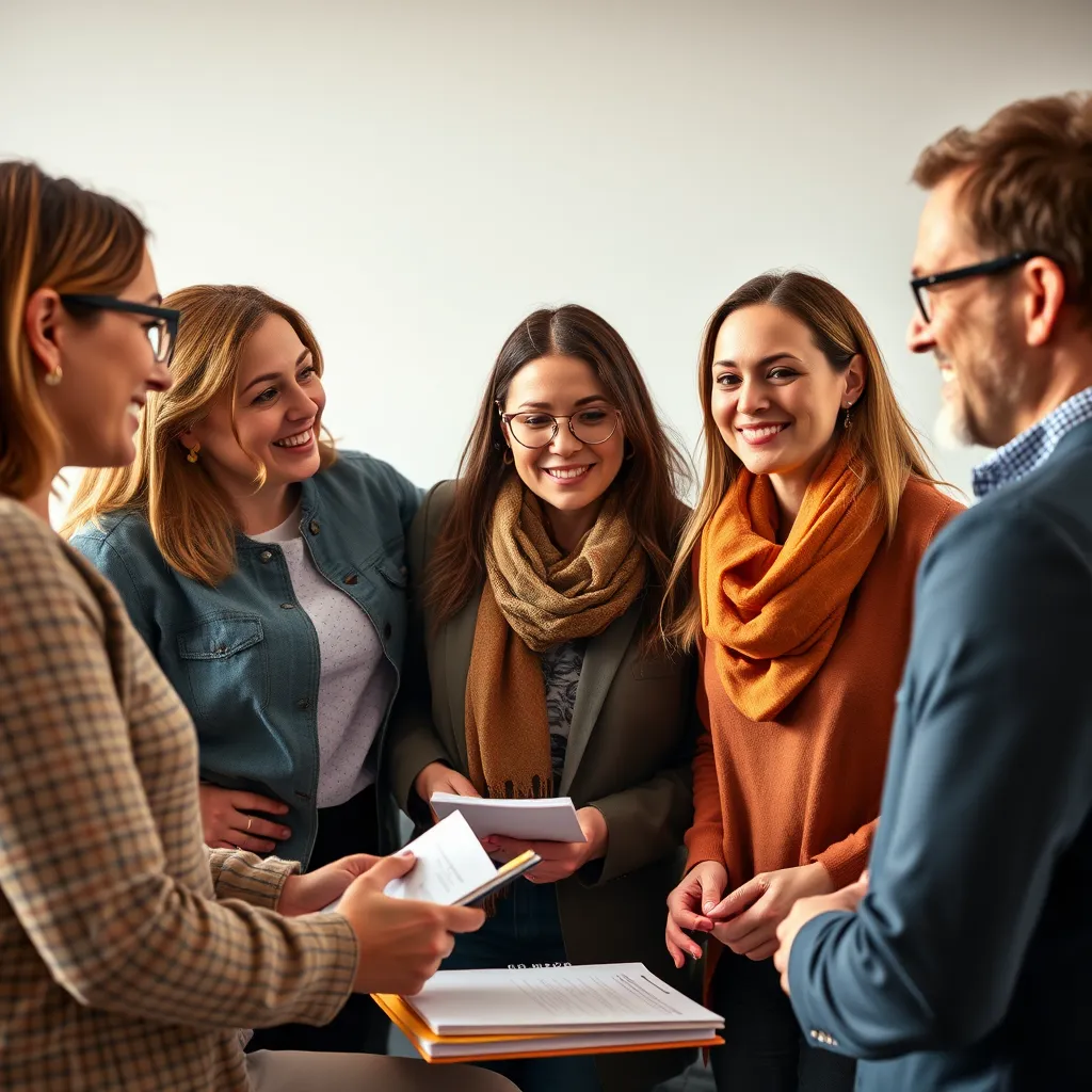 A diverse group of coaches with various backgrounds and expertise (career, life, wellness) are interacting with their clients in a warm and encouraging manner. Emphasize the coaches' confident and approachable personalities. Visualize a setting where they are collaborating with clients, using whiteboards or notebooks to develop personalized plans and strategies.