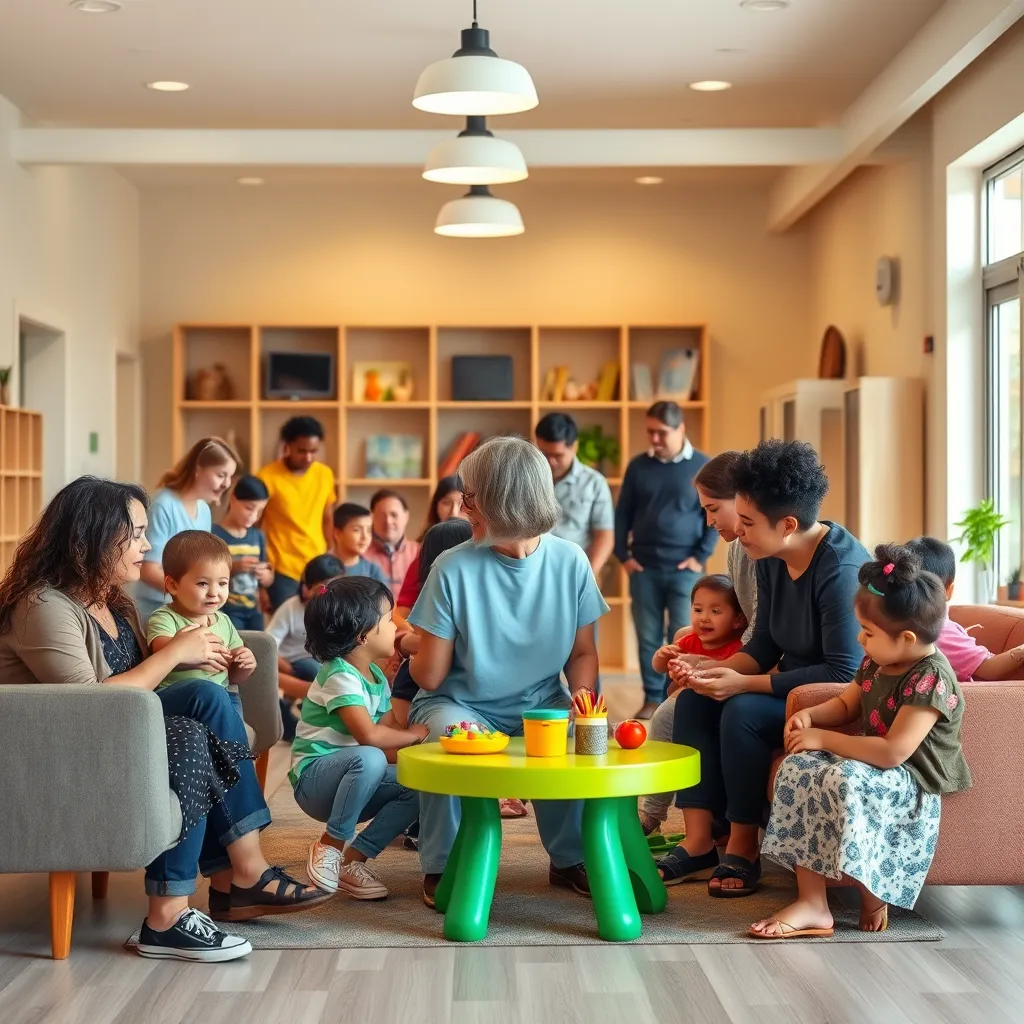 A diverse group of families and children are gathered in a warm and welcoming community center. The space is bright and inviting, with comfortable seating areas and play areas. Parents are interacting with each other and the teachers, fostering a sense of community and belonging.