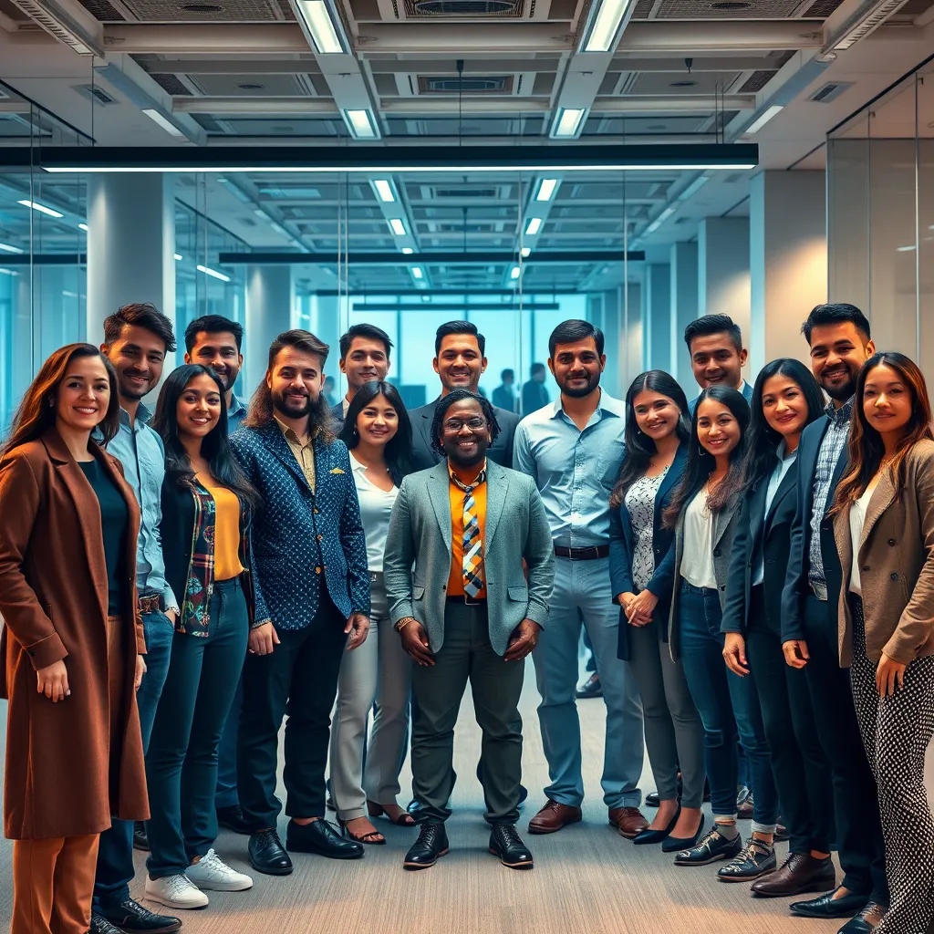 A diverse group of individuals from various backgrounds and industries gathered in a modern office setting, representing a range of potential candidates. The image should highlight the use of technology and online platforms, such as social media, job boards, and professional networks, to reach qualified candidates.