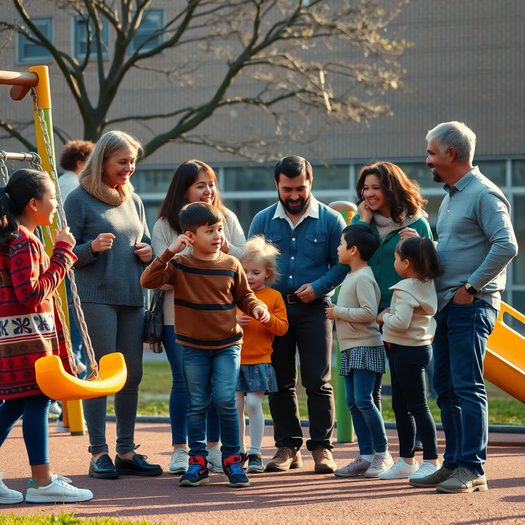 A diverse group of parents and children are interacting happily at a school playground. The children are playing on swings and slides, while parents chat with each other, creating a sense of warmth and connection.
