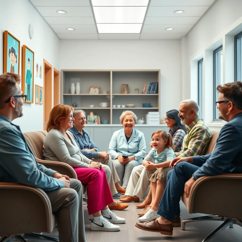 A diverse group of people, including families, seniors, and children, sitting in a waiting room at a dental clinic. The waiting area is bright, comfortable, and decorated with friendly artwork. It creates a relaxed and welcoming atmosphere.