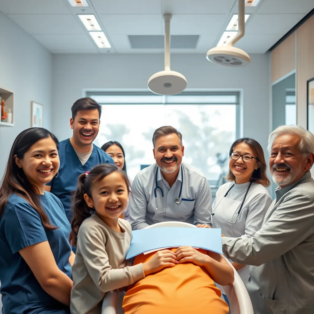 A diverse group of people, including children, adults, and seniors, are smiling cheerfully in a modern, bright dental office. They are interacting with friendly staff members, receiving dental care in a relaxed and comfortable setting. The image should convey the warmth and compassion of the SAITS4U Dentist team.