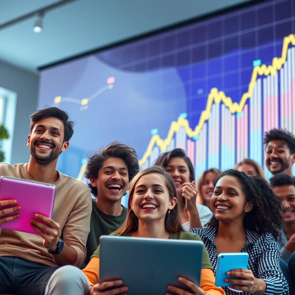 A diverse group of people enjoying various digital products and services, such as online courses, streaming platforms, and digital marketplaces, while a financial chart in the background depicts steady and consistent income growth.