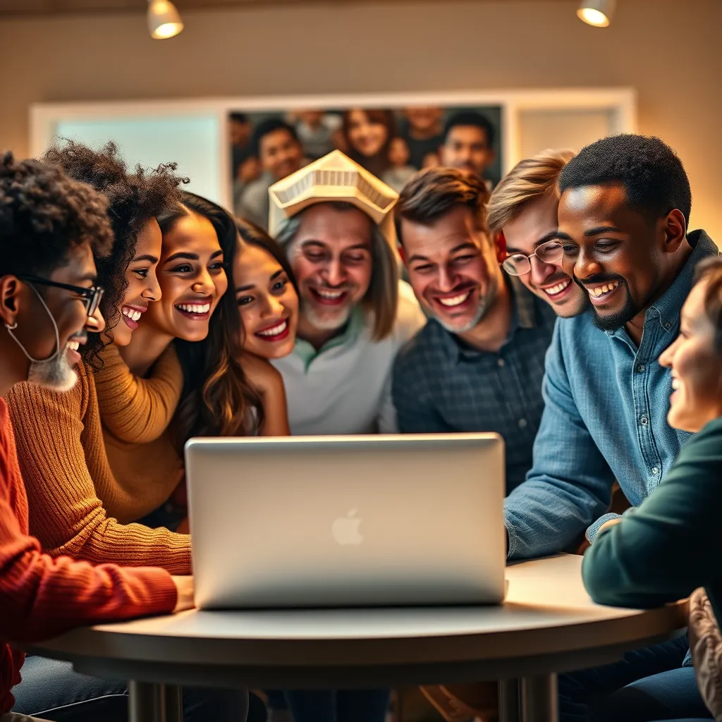 A diverse group of people of different ages and backgrounds are gathered around a laptop watching a video about a new product launch. The video is engaging and they are all smiling and interacting with each other, showing they are genuinely interested in the content. The scene is bright and cheerful with warm lighting.