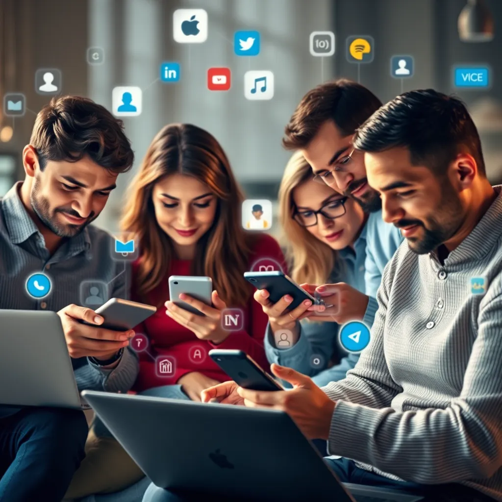 A diverse group of people of different ages, genders, and backgrounds browsing on their laptops, smartphones, and tablets, surrounded by icons representing social media, search engines, and e-commerce websites.