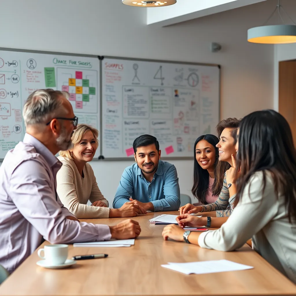 A diverse group of people sitting around a table with a coach, discussing ideas and goals, with a whiteboard in the background filled with colorful notes and diagrams. The atmosphere is collaborative and positive.