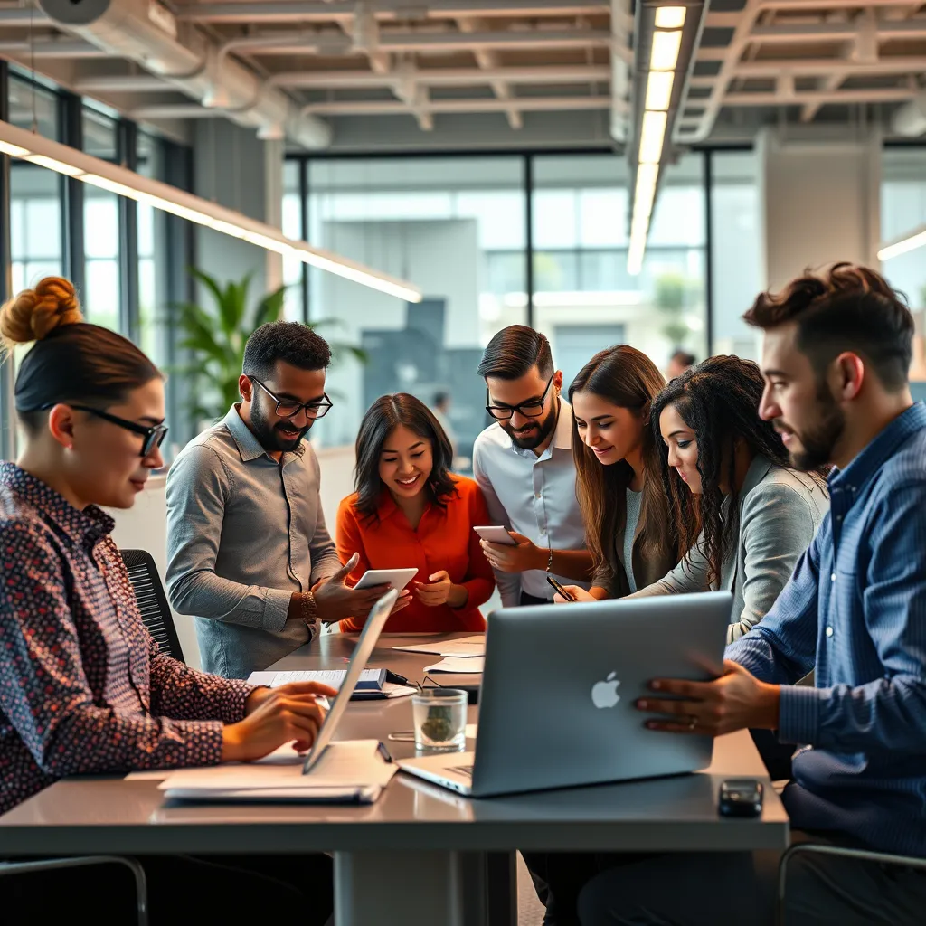 A diverse group of people working collaboratively in a modern office. They are using technology, brainstorming ideas, and sharing information. The image should depict a sense of teamwork, collaboration, and shared responsibility. The office should have a bright, open, and inspiring atmosphere.