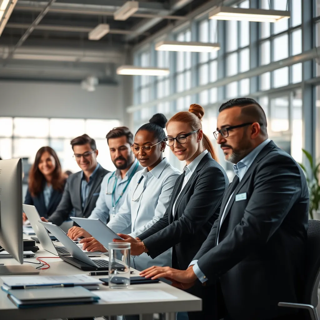 A diverse group of professionals, each representing a different area of expertise, working together in a bright, open workspace. The image should convey a sense of teamwork, collaboration, and shared responsibility.