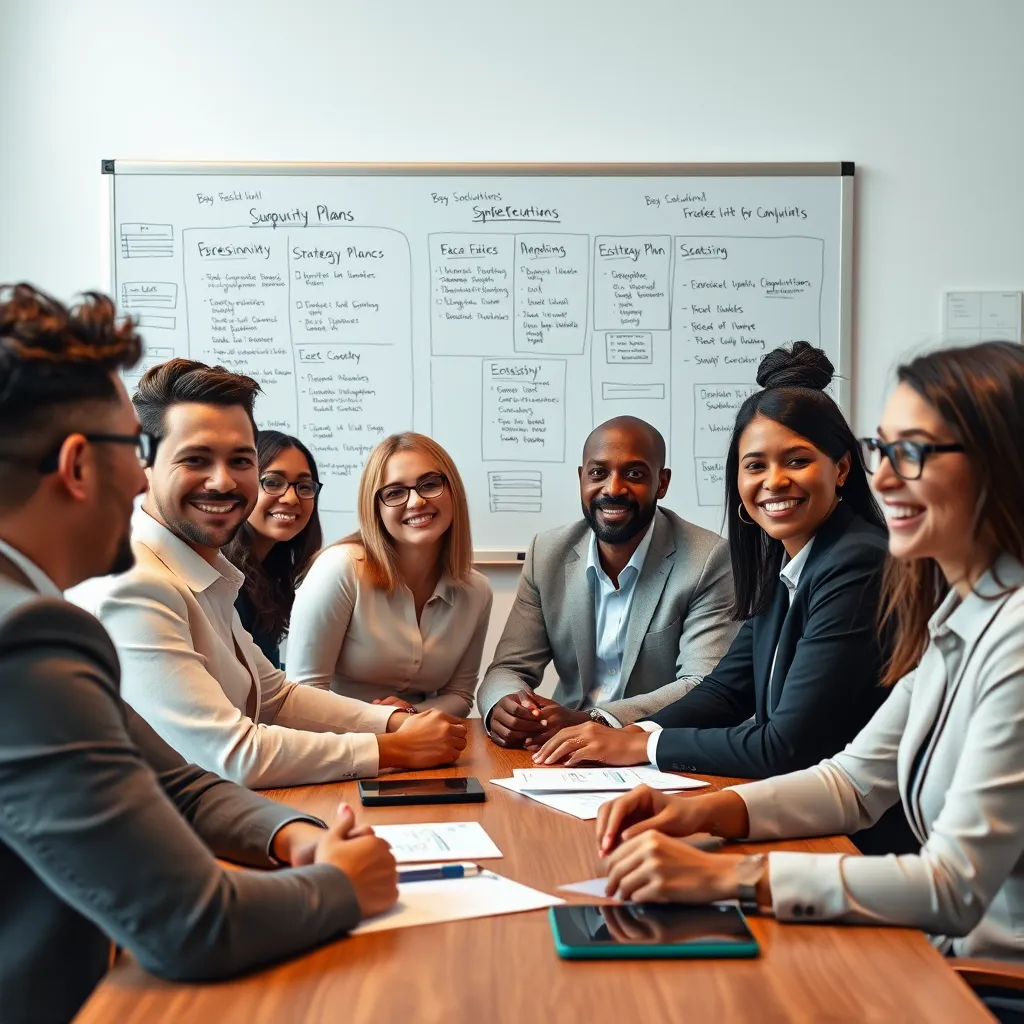 A diverse group of professional consultants are seated around a table, engaging in a discussion, with a whiteboard filled with strategy plans behind them. Each consultant has a unique look and expertise, representing the diversity of backgrounds at SAITS4U. The atmosphere is collaborative and positive, highlighting the personalized approach they provide.