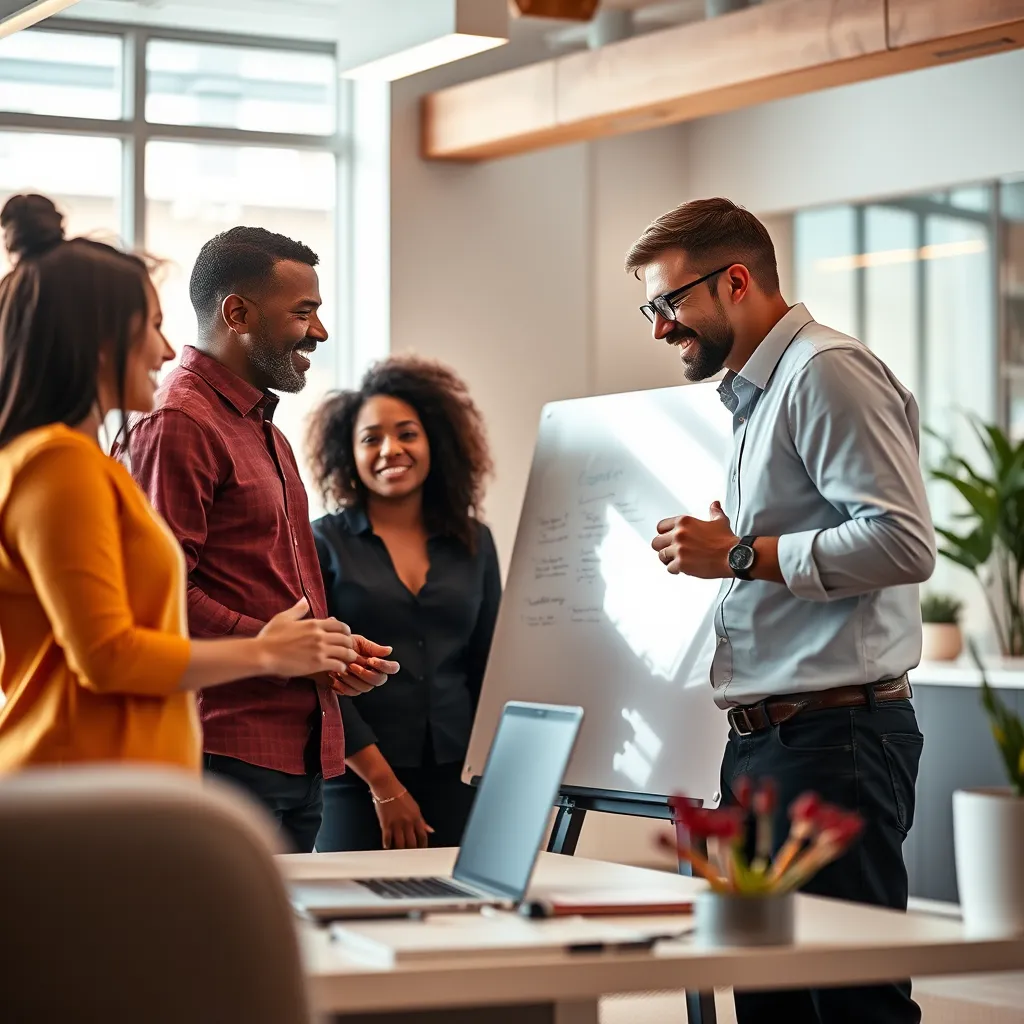 A diverse group of professionals, including a CEO, a marketing manager, and a software developer, are working collaboratively in a bright, modern office space. The team members are engaged in a discussion, using a whiteboard to brainstorm ideas.  The image should portray a sense of teamwork, collaboration, and innovation. The lighting should be warm and inviting, with soft, diffused light. The color palette should be vibrant and energetic, with pops of color representing the diversity of the team members.  The camera angle should be slightly elevated, giving a sense of perspective and depth to the scene. The image should be captured in a realistic style, with a focus on detail and texture. The environment should be clean and organized, with modern furniture and technology. The overall mood should be positive, energetic, and inspiring, conveying the idea of a dynamic and collaborative team working together to achieve success.