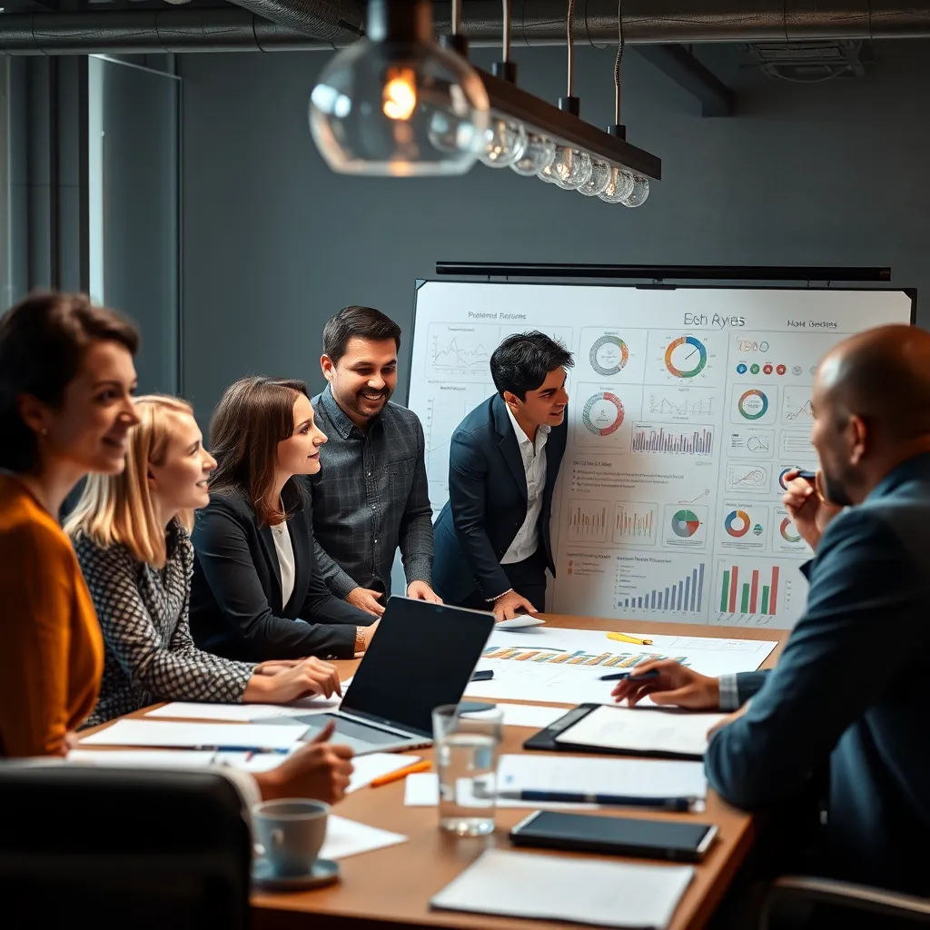 A diverse team of business professionals collaborating around a large table, brainstorming ideas on a whiteboard with charts and graphs. The atmosphere is positive and energetic, with a focus on problem-solving and innovation. The image should convey a sense of collaboration and strategic thinking.