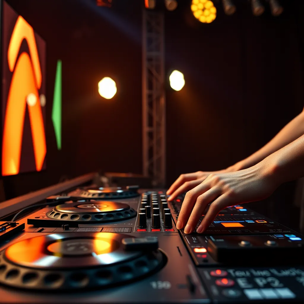 A DJ booth with sophisticated lighting, showing a DJ's hands expertly mixing music on turntables and a mixer. The focus is on the DJ's hands and the equipment, highlighting the skill and precision involved.