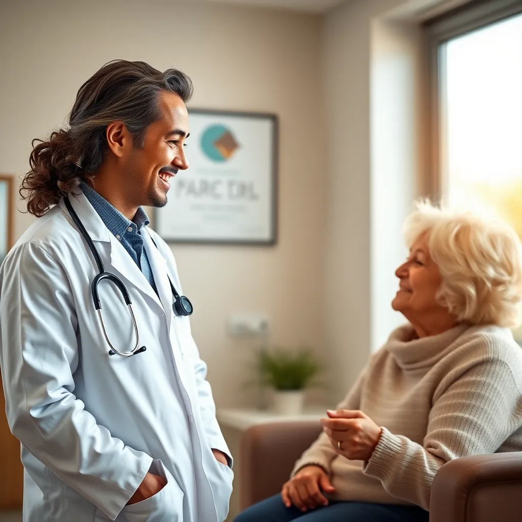 A doctor in a white coat smiling and discussing a personalized care plan with a patient and their family. The scene is set in a modern, comfortable doctor's office with natural light and warm colors. The doctor and the patient are looking directly at each other, engaging in a friendly and professional conversation. 