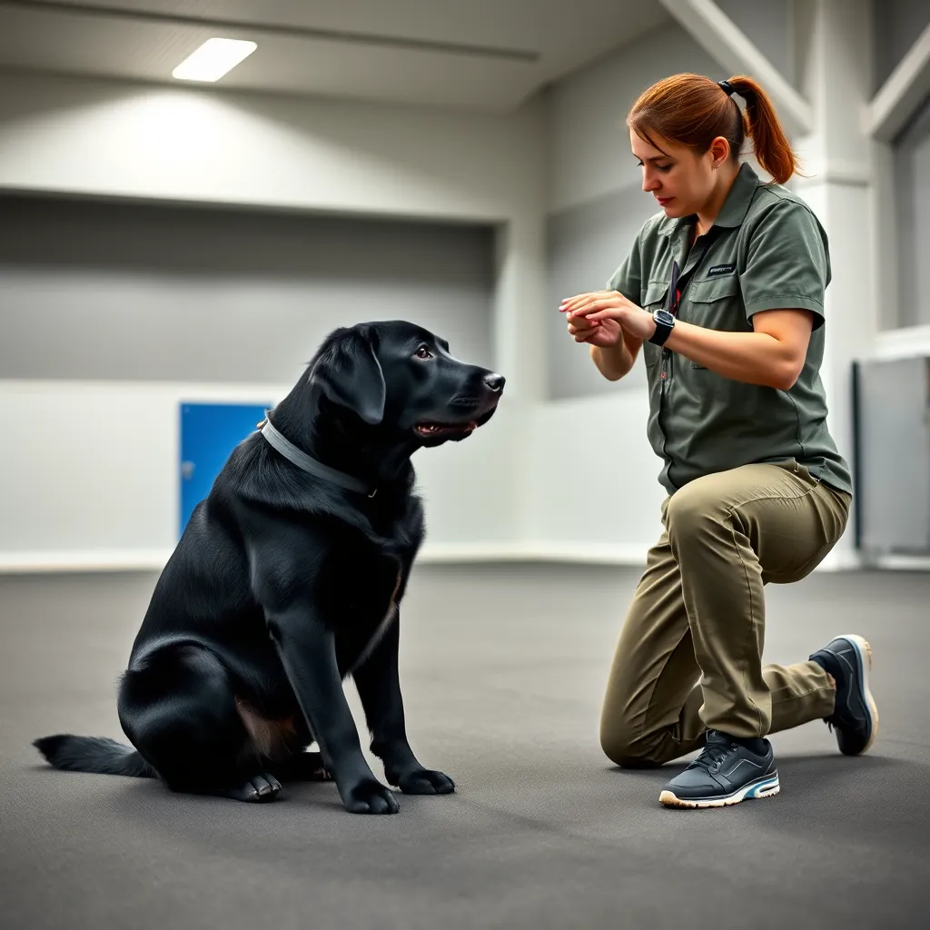 A dog trainer working with a large black Labrador Retriever in a training session. The trainer is demonstrating a hand signal to the dog, who is sitting calmly and paying attention. The background is a spacious training facility with a soft, rubberized floor.