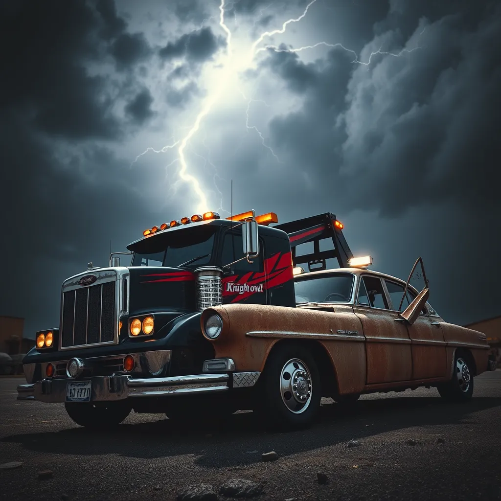 A dramatic, high-contrast image of a Knight Owl tow truck, with a sleek black and red paint job,  in the process of towing an old, rusty car away from a junkyard. The tow truck is positioned against a backdrop of a dark, ominous sky, with lightning striking in the distance. The lighting is harsh and dramatic, creating a sense of urgency and power. The car is covered in rust and dust, while the tow truck is clean and gleaming. The camera angle is low, looking up at the tow truck as it pulls the car away. The image is rendered in 8K resolution with hyperrealistic detail and textures.  