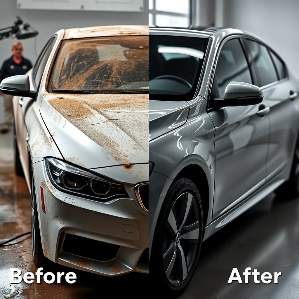 A dramatic before-and-after image of a car. The left side shows a dirty, neglected car, while the right side showcases the same car after a SAITS4U Mobile Car Detailing service. The car is now spotless, gleaming with a fresh coat of wax and polish. The image emphasizes the transformative power of our detailing services.