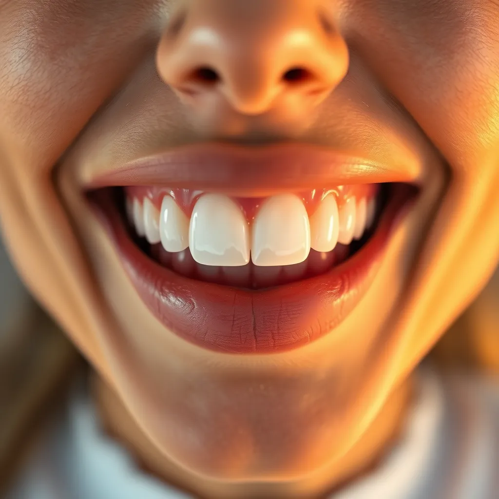 A dramatic close-up shot of a person's smile after receiving cosmetic dentistry treatment. The teeth are perfectly aligned, white, and gleaming, showcasing a confident and beautiful smile. Soft, warm lighting highlights the shine of the teeth, while the background is blurred to focus attention on the smile. The image should evoke a sense of confidence and beauty, highlighting the transformative power of cosmetic dentistry. Rendered in ultra-high resolution with realistic detail, capturing the texture of the teeth enamel, the natural lip color, and the vibrant gloss.