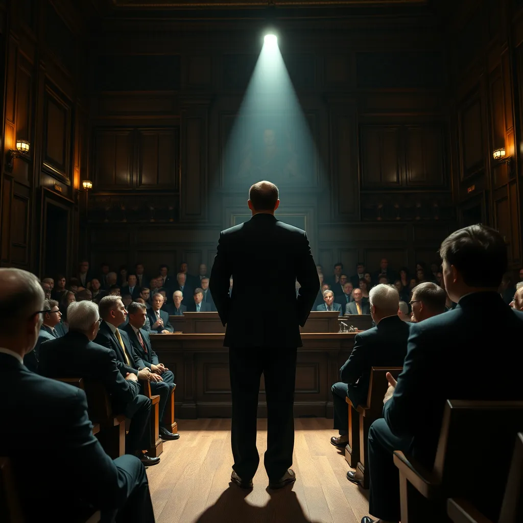 A dramatic courtroom scene with a lawyer standing confidently in front of a jury, confidently presenting an argument while a judge presides over the proceedings. The lawyer is wearing a sharp black suit and is illuminated by a single spotlight, creating dramatic shadows and highlighting their determination. The jury members are looking intently at the lawyer, their expressions conveying a mix of skepticism and intrigue. The courtroom should be detailed and realistic, with wood-paneled walls, a majestic judge's bench, and a gallery filled with spectators. The lighting should be dim and focused on the lawyer, creating a sense of anticipation and tension. The style should be inspired by courtroom dramas, aiming for a high-quality, photorealistic render with 8K resolution.