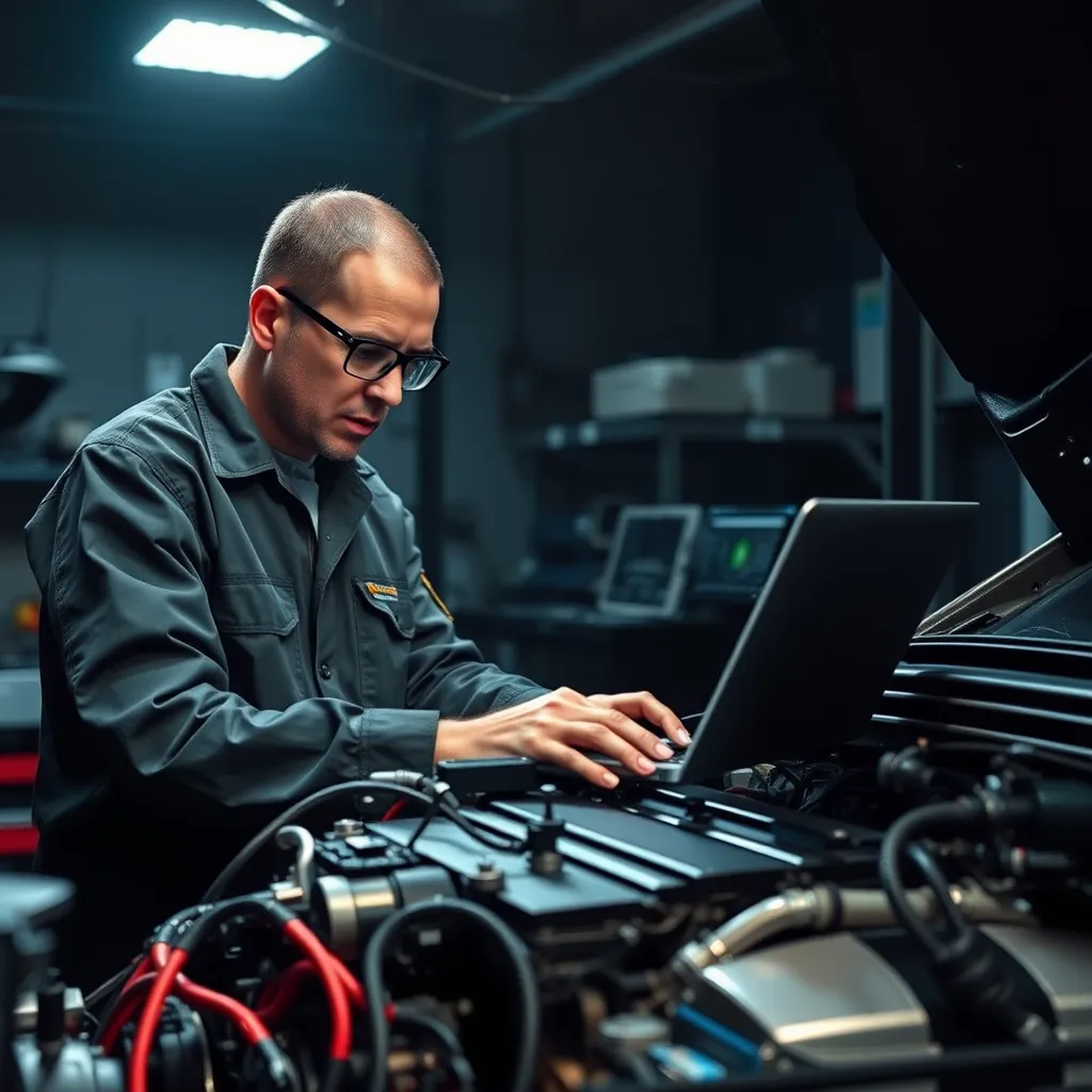 A dramatic image of a mechanic working on a car engine, showcasing advanced diagnostic tools and equipment. The mechanic is wearing a uniform and safety glasses, using a laptop to analyze engine data. The image should capture the complexity of modern automotive technology, with wiring harnesses, sensors, and computer modules visible.  The garage should be dimly lit, with a focused spotlight on the mechanic and the engine. Render in 8K resolution with hyperrealistic details, emphasizing the texture of metal and plastic components.