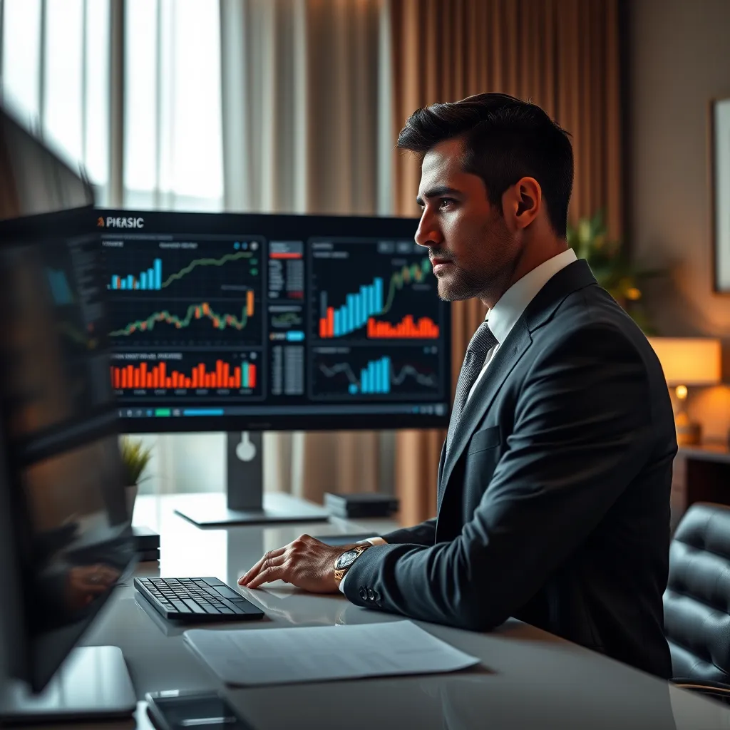 A dramatic image with soft, diffused lighting, showcasing a business executive in a well-appointed office, reviewing financial reports on a large monitor. The executive, dressed in a sharp suit, is focused and confident, with a thoughtful expression on their face. The composition should emphasize the executive's authority and expertise, with the monitor prominently displayed in the foreground.  The image should convey a sense of professionalism, competence, and financial security.  Style reference: Corporate portraiture, with a focus on capturing a sense of power and authority.  Details: The monitor should display detailed financial charts, graphs, and data visualizations, representing a range of financial metrics such as revenue, profit, and investment.  Materials: The office should feature high-end furniture, a sleek desk, and a modern computer, reflecting a sophisticated and successful business environment. 