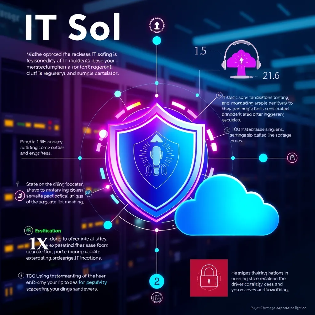 A dynamic and colorful infographic showcasing various aspects of IT solutions, such as a server rack, a cybersecurity shield, and a cloud icon. The infographic should be visually appealing and emphasize the interconnectedness of these elements in driving efficiency and productivity.