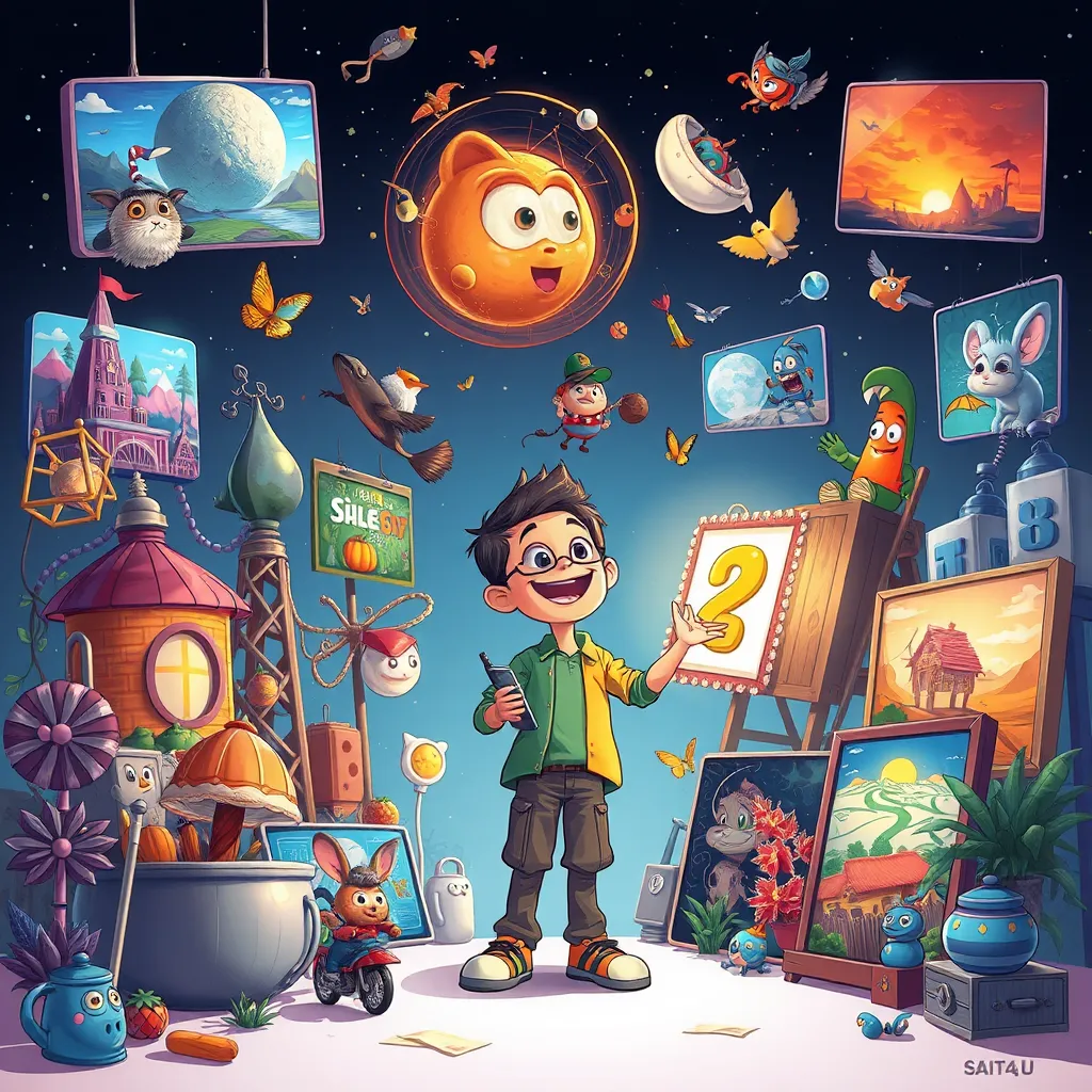 A dynamic and engaging illustration featuring a variety of captivating illustrations.  The image should depict a whimsical character interacting with a set of professional graphics, highlighting the diverse range of styles and techniques offered by SAITS4U.  The overall composition should be visually appealing and showcase the ability to create visually stunning and memorable illustrations.