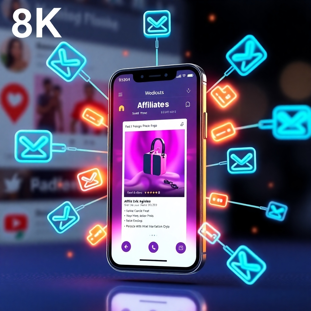 A dynamic and eye-catching image featuring a smartphone displaying a product advertisement. Around the phone are multiple glowing links and purchase icons symbolizing affiliate links and conversions. The background is blurred but suggestive of a social media feed. The color scheme is vibrant and engaging, with a focus on visually representing the interconnectedness of online marketing and sales. 8k, photorealistic, modern.