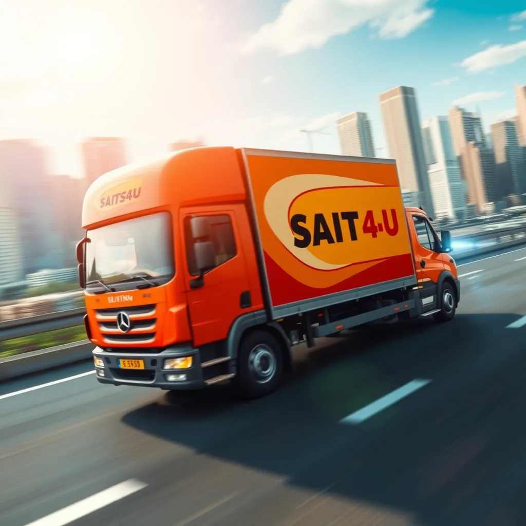 A dynamic and fast-paced image that captures the energy and efficiency of SAITS4U Store's shipping process. The image should feature a delivery truck, speeding down a highway, with a vibrant cityscape in the background. The delivery truck should be adorned with the SAITS4U Store logo and branding, clearly visible against the backdrop of the cityscape.  The image should capture the movement of the truck, with blur effects suggesting its speed and efficiency.  The lighting should be bright and dynamic, emphasizing the fast-paced nature of the delivery process. The image should convey a sense of urgency and reliability, highlighting the speed and security of SAITS4U Store's shipping services. The image should be rendered in ultra-high quality, capturing the intricate details of the truck, cityscape, and blur effects.  The style of the image should be inspired by high-speed action photography, capturing the excitement and dynamism of the shipping process.