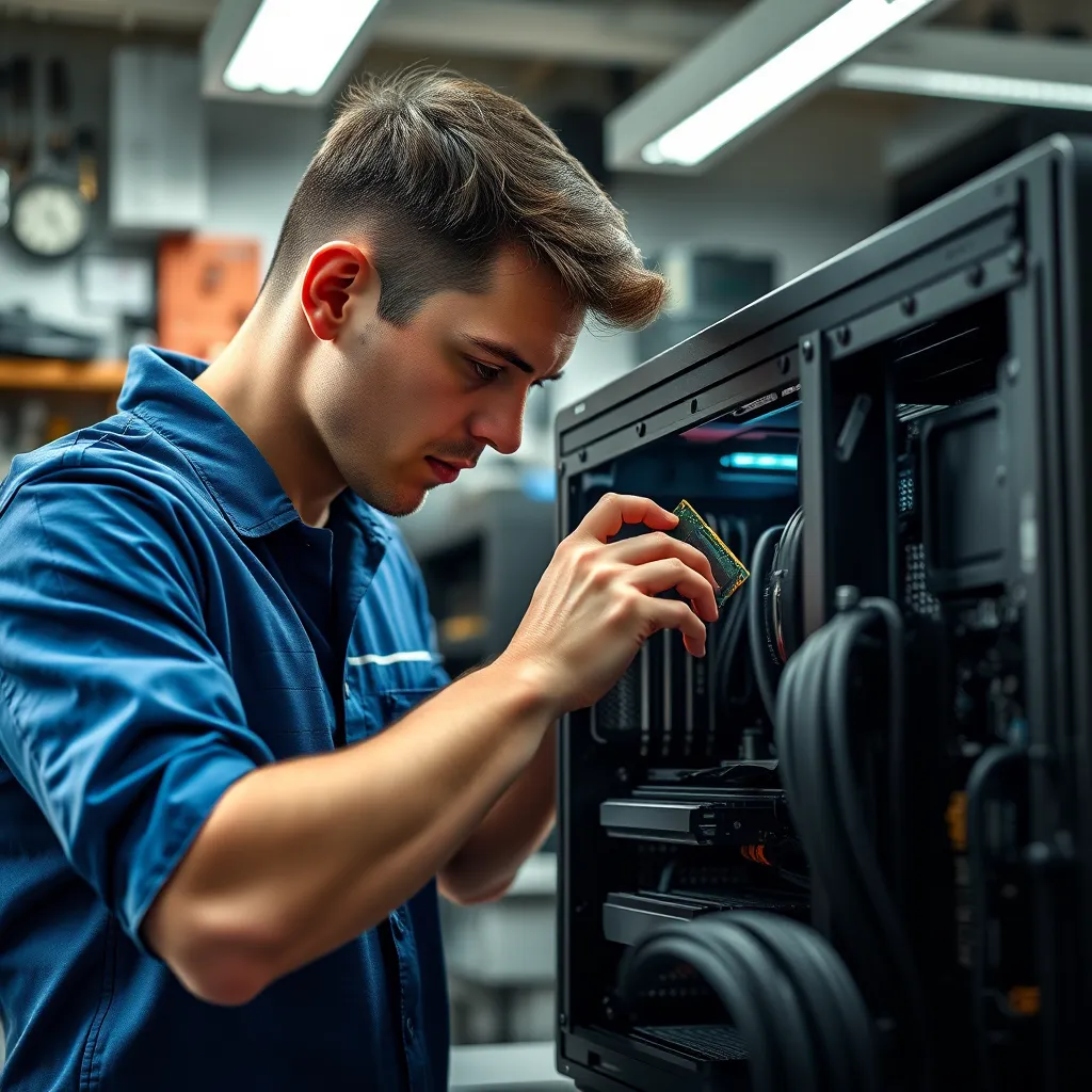 A dynamic composition featuring a technician meticulously installing a new RAM module into a desktop computer. The scene should be set in a well-lit workshop, with tools and spare parts neatly arranged in the background. The technician should be wearing a clean, blue uniform with a company logo.  The lighting should be bright and focused, highlighting the detail of the hardware components. The image should evoke a sense of precision, skill, and confidence. Render the image in ultra-high resolution, capturing the intricate textures of the hardware components and tools.