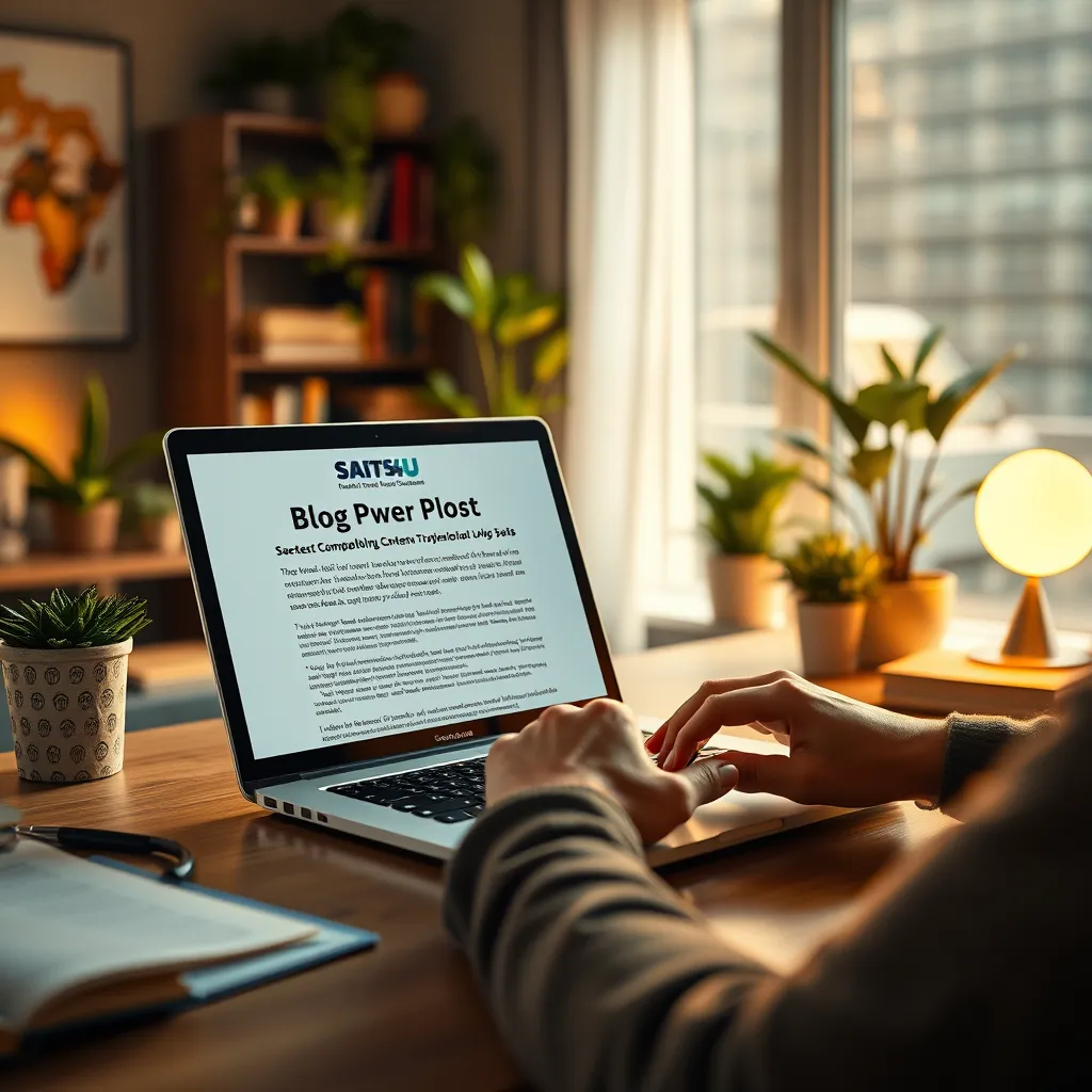 A dynamic image depicting a writer working on a blog post, showcasing their creativity and expertise. The image should feature a writer sitting at a desk in a well-lit, modern office space, surrounded by books, plants, and a laptop displaying a draft of a compelling blog post. The focus should be on the writer's hands typing on the keyboard, with the blog post's title and a few key phrases visible on the screen. The lighting should be warm and inviting, highlighting the writer's focus and concentration. The overall mood should be creative, energetic, and informative, reflecting the high quality of SAITS4U's blog content creation services.