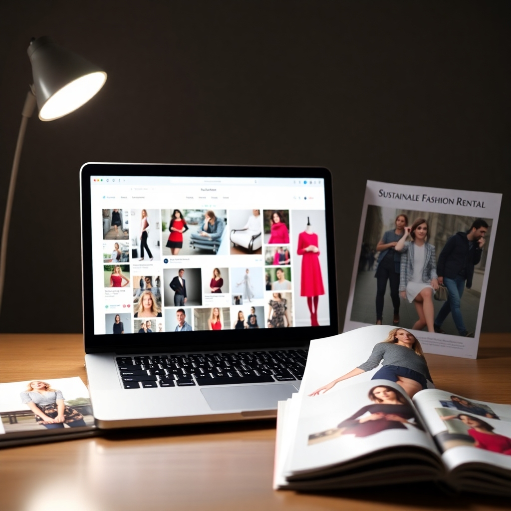 A dynamic image depicting various marketing channels being used to promote a sustainable fashion rental platform. The channels could include a laptop displaying social media feeds, a printed advertisement, or other relevant platforms. The image should convey a multi-faceted marketing approach.  The lighting should be professional and reflect the energy of various advertising platforms. The image must be high quality, demonstrating the scope of the marketing efforts.